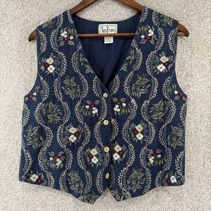 VTG Tantrums Blues Button Up Floral Embroidered Denim Vest M Cottage Core Granny
